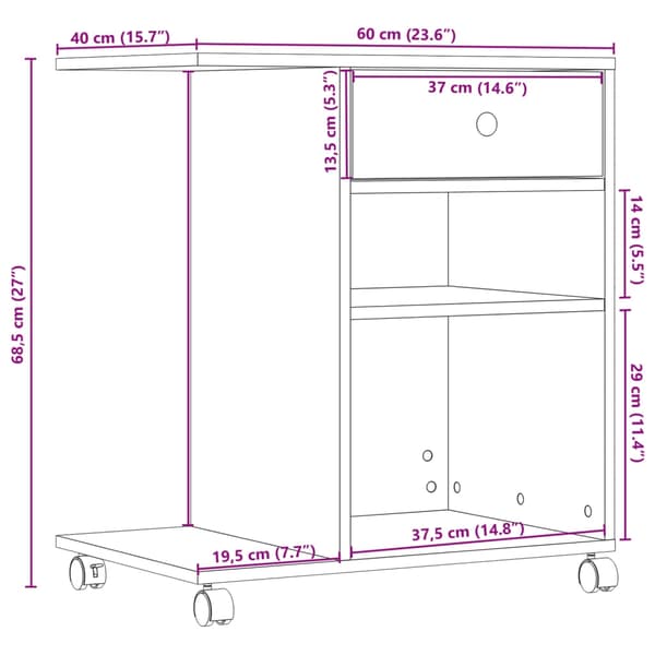 vidaXL Skriverstativ med hjul røkt eik 60x40x68,5 cm
