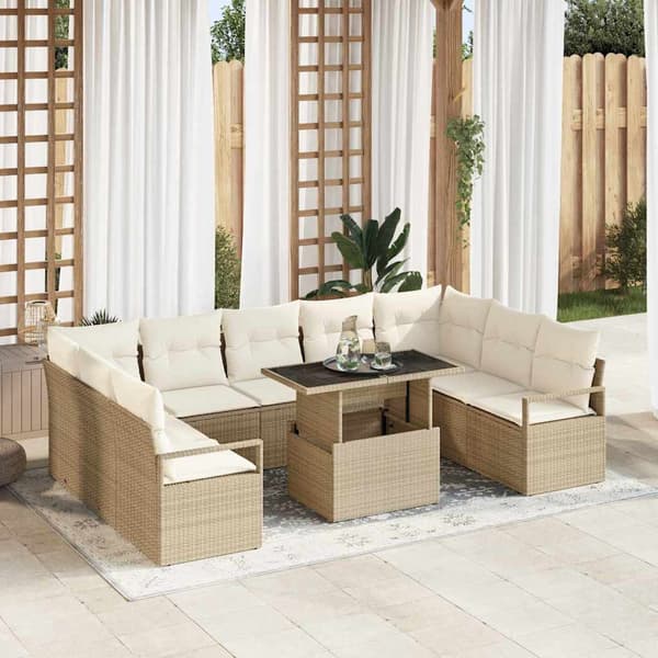 vidaXL Trädgårdsoffset med lagring 10 pcs Beige Poly rattan