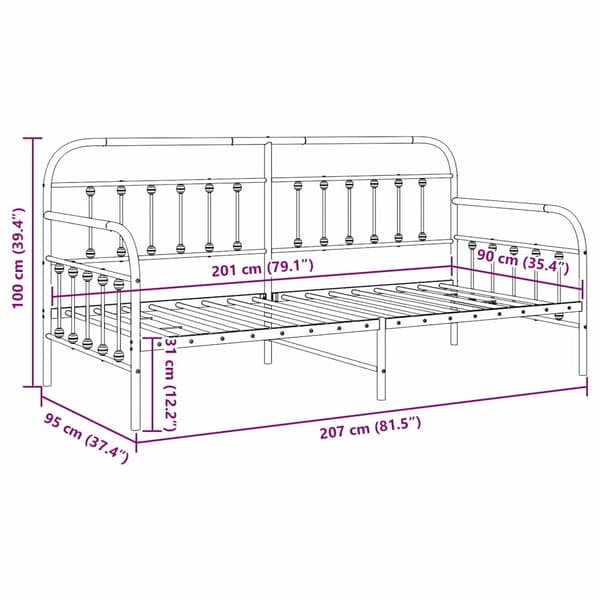 vidaXL Dagbäddram Vit 90 x 200 cm Pulverlackerat stål