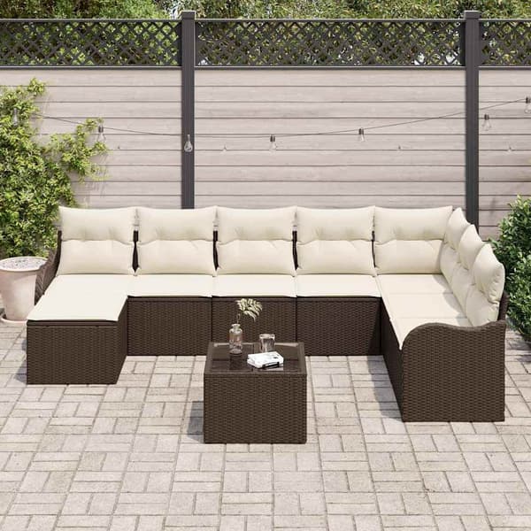 vidaXL Trädgårdsoffset med kudde 9 pcs Brun Poly rattan