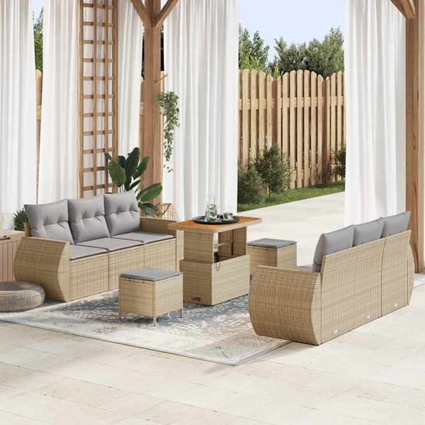 vidaXL Trädgårdsoffset med kudde 9 pcs Beige och Ljusgrå konstrotting