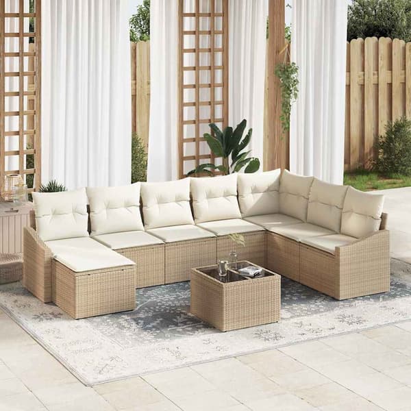 vidaXL Soffgrupp med dynor 9 delar Beige polyrotting