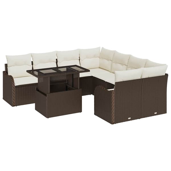 vidaXL Trädgårdsoffset med kudde 9 pcs Brun Poly rattan