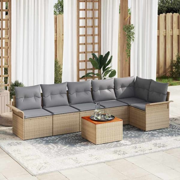 vidaXL Trädgårdsoffset med kudde 7 pcs Beige konstrotting
