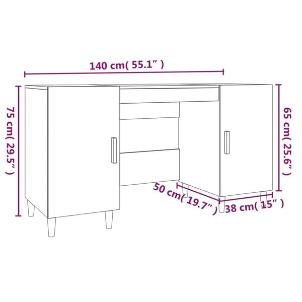 vidaXL Skrivebord hvit 140x50x75 cm konstruert tre