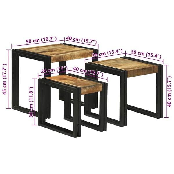 vidaXL Nesting Bord 3 pcs Brun og svart Solid mango tre og metall