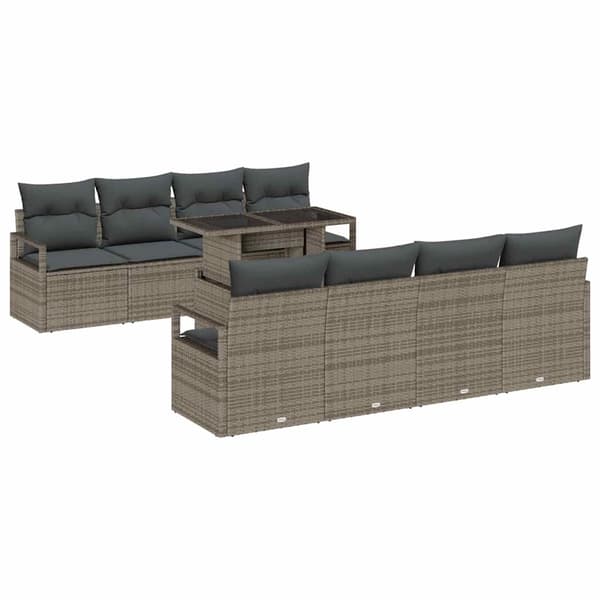 vidaXL Trädgårdsoffset med kudde med lagring 9 pcs Grå Poly rattan