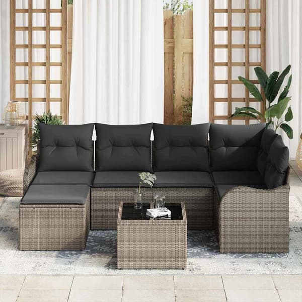 vidaXL Trädgårdsoffset med kudde 7 pcs Grå Poly rattan