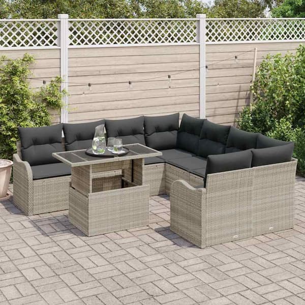 vidaXL Trädgårdsoffset med kudde 9 pcs Ljusgrå Poly rattan
