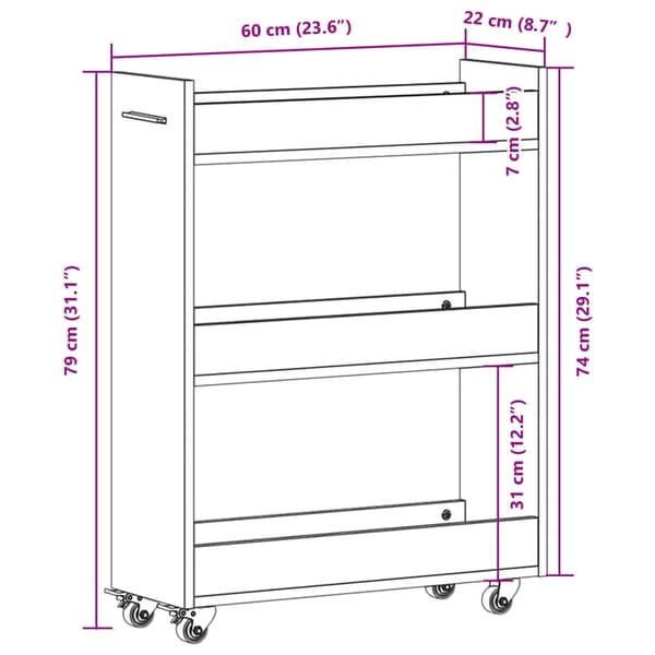 vidaXL Sidebord med hjul hvit 60x22x79 cm konstruert tre