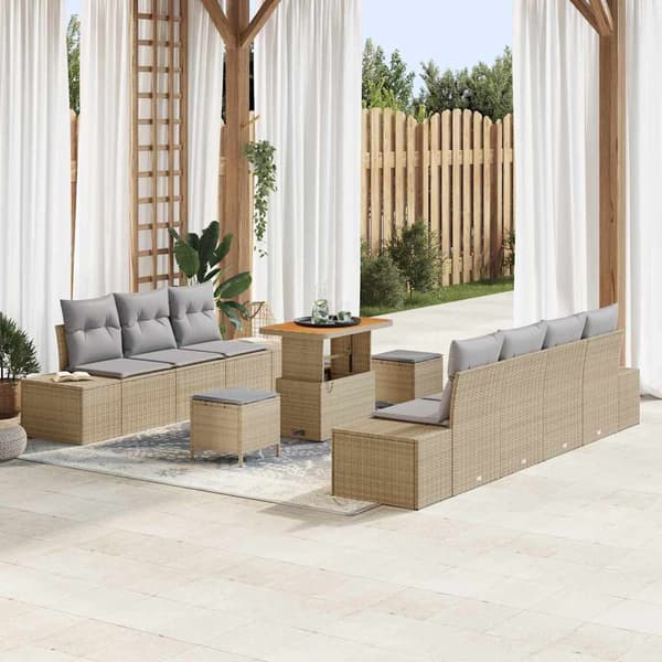 vidaXL Trädgårdsoffset med kudde 10 pcs Beige konstrotting