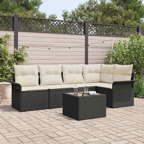 vidaXL Trädgårdsoffset med kudde med lagring 6 pcs Svart Poly rattan