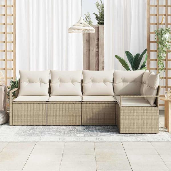 vidaXL Trädgårdsoffset med kudde 5 pcs Beige och vit konstrotting