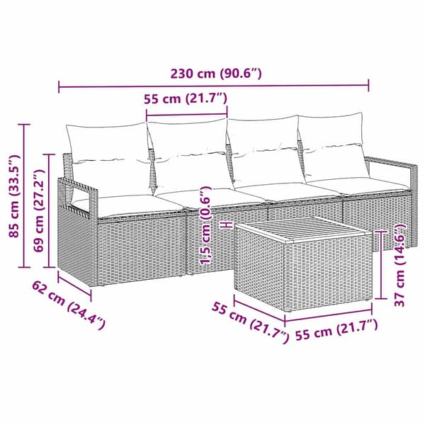 vidaXL Trädgårdsoffset med kudde 5 pcs Grå konstrotting