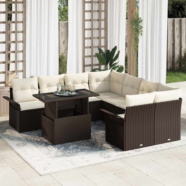 vidaXL Trädgårdsoffset med kudde med lagring 9 pcs Brun Poly Rattan