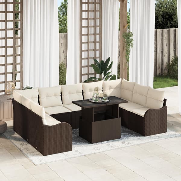 vidaXL Trädgårdsoffset med kudde 10 pcs Brun Poly rattan