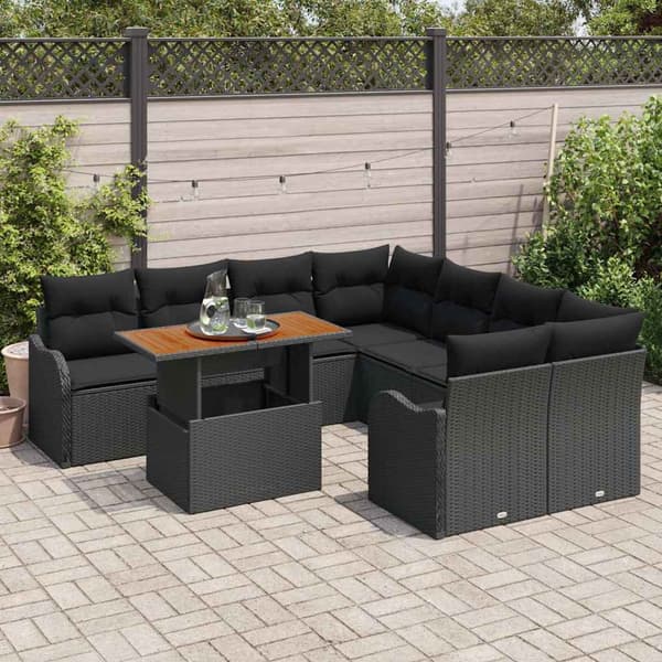 vidaXL Trädgårdsoffset med lagring 9 pcs Svart Poly rattan