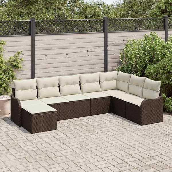 vidaXL Trädgårdsoffset med kudde 8 pcs Brun Poly rattan