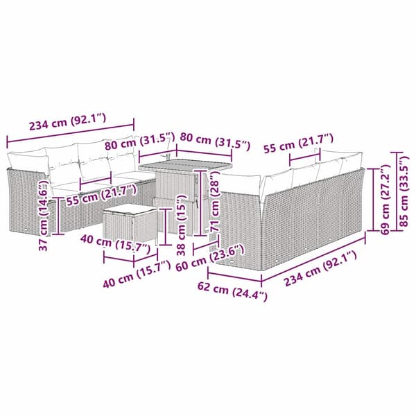 vidaXL Trädgårdsoffset 11 pcs Beige konstrotting