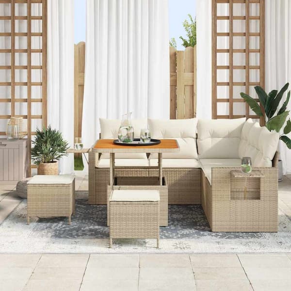 vidaXL Trädgårdsoffset 9 pcs Beige och gräddfärgad konstrotting