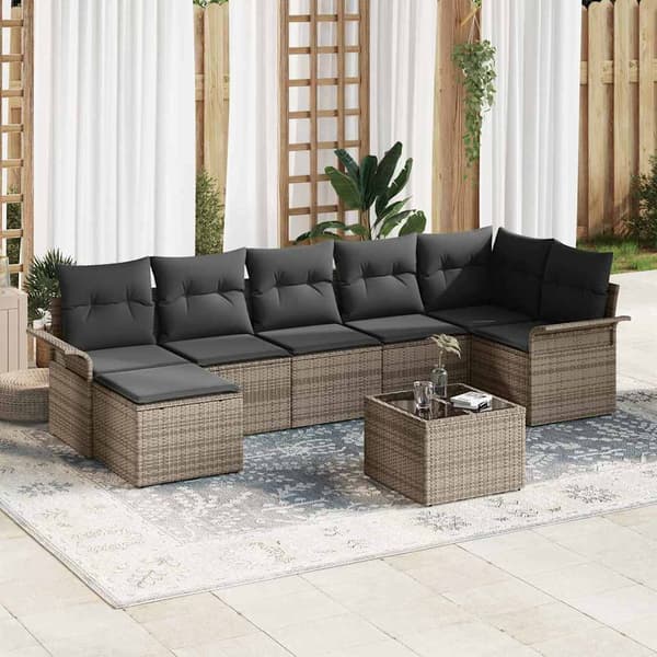 vidaXL Trädgårdsoffset med kudde 8 pcs Grå Poly rattan