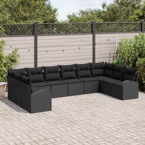 vidaXL Soffset med kudde 10 pcs Svart Polyrattan