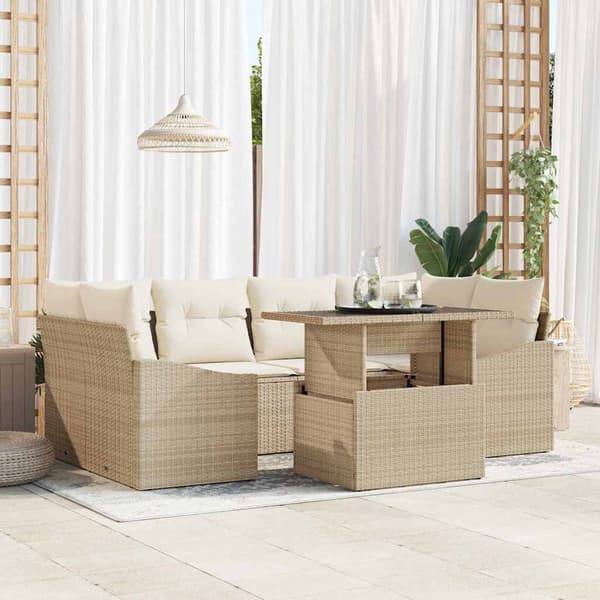 vidaXL Trädgårdsoffset med lagring 7 pcs Beige Poly rattan