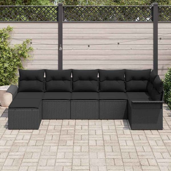 vidaXL Trädgårdsoffset med kudde 7 pcs Svart Poly rattan