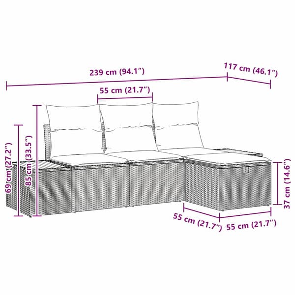 vidaXL Trädgårdsoffset med kudde 4 pcs Beige Poly rattan