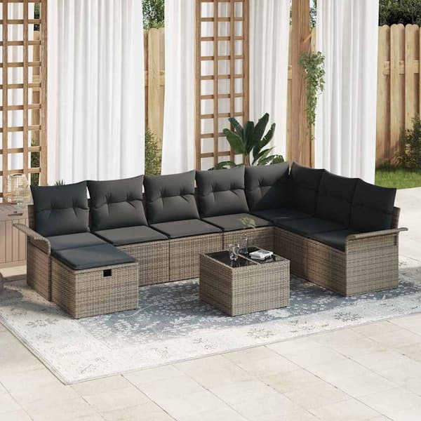 vidaXL Trädgårdsoffset med kudde med lagring 9 pcs Grå Poly rattan