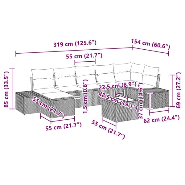 vidaXL Trädgårdsoffset med kudde 8 pcs Beige konstrotting