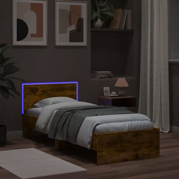 vidaXL Sengeramme med hodegavl og LED-lys røkt eik 90x190 cm