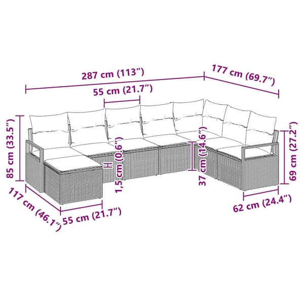 vidaXL Soffset med kudde 8 pcs Beige konstrotting