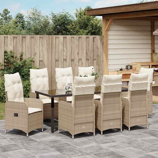 vidaXL Trädgårdsmöbelset med kudde 9 pcs Beige konstrotting
