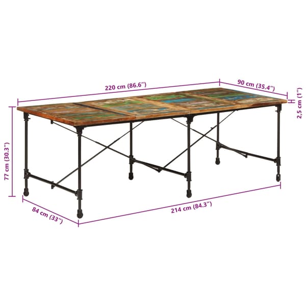 vidaXL Spisebord 220x90x77 cm gjenvunnet heltre