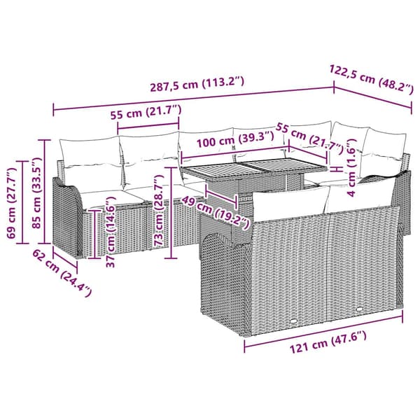 vidaXL Trädgårdsoffset med lagring 9 pcs Grå Poly rattan