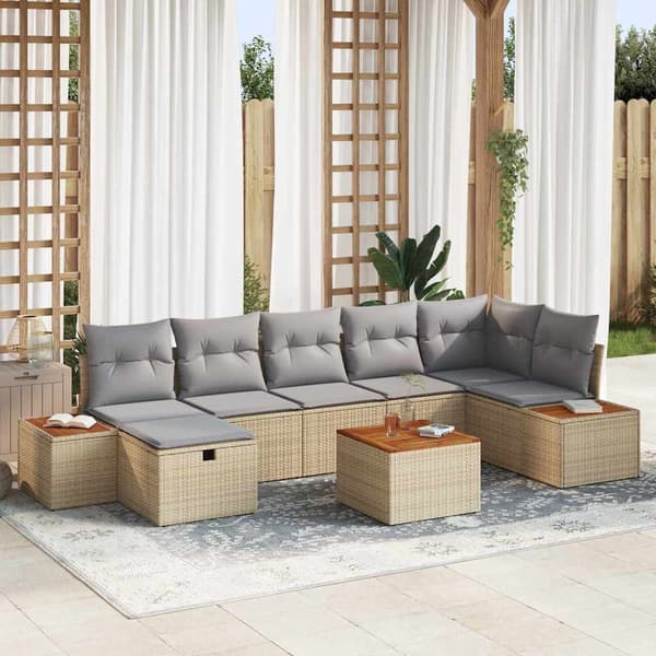 vidaXL Trädgårdsoffset med kudde 8 pcs Beige konstrotting