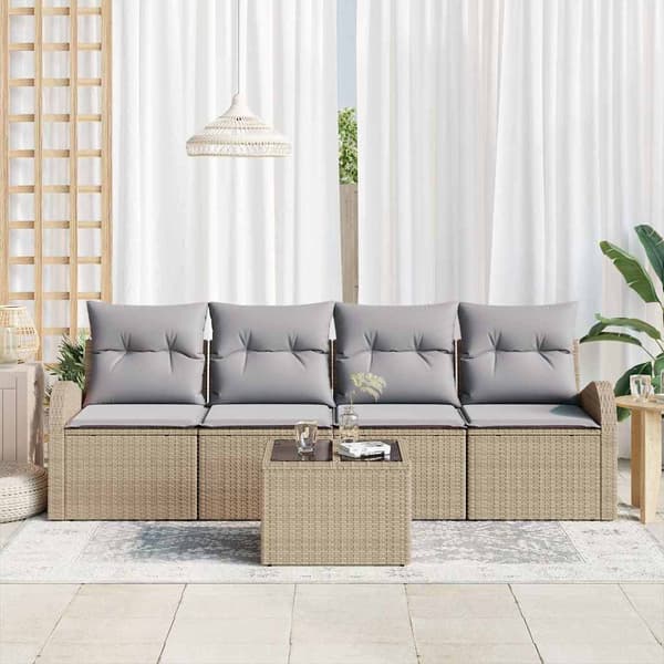 vidaXL Trädgårdsoffset 5 pcs Beige och Grå Konstrotting, Stål och Glas