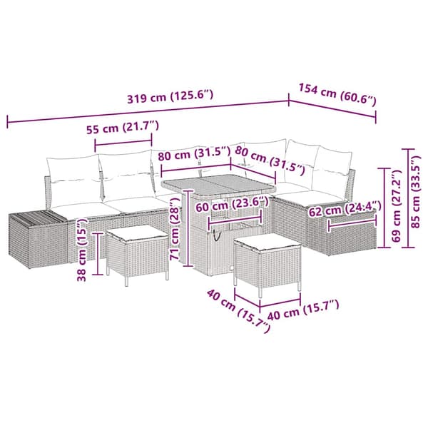 vidaXL Trädgårdsoffset med kudde 9 pcs Beige konstrotting