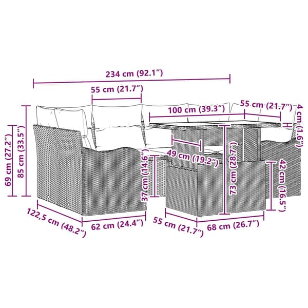 vidaXL Trädgårdsoffset med kudde 7 pcs Brun Poly rattan