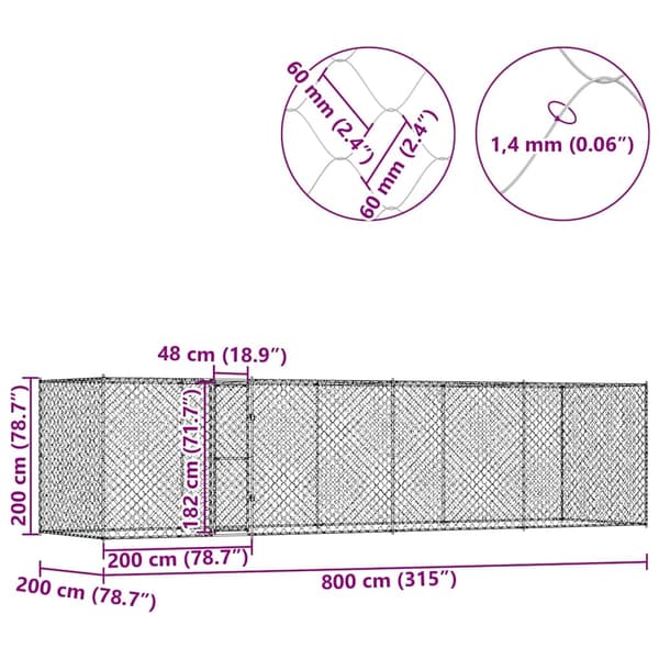 vidaXL Hundebur sølv 800 x 200 x 200 cm Galvanisert Stål