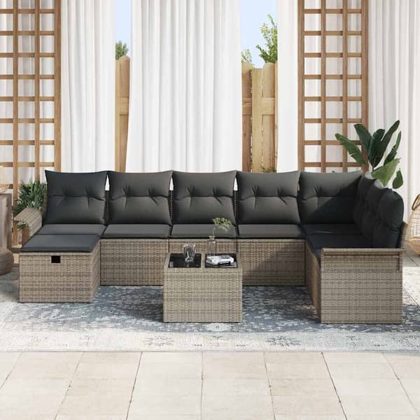vidaXL Trädgårdsoffset med kudde med lagring 9 pcs Grå Poly rattan