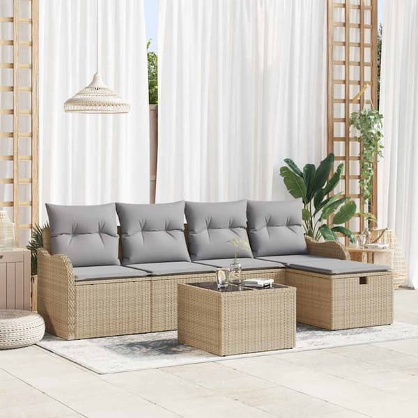 vidaXL Trädgårdsoffset med kudde med lagring 6 pcs Beige Poly rattan