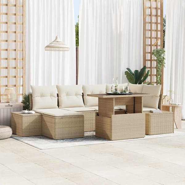 vidaXL Trädgårdsoffset med lagring 7 pcs Beige Poly rattan