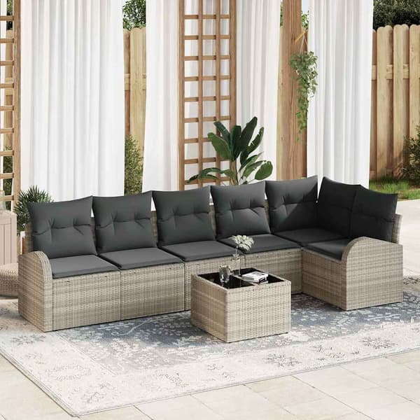 vidaXL Trädgårdsoffset med kudde 7 pcs Ljusgrå Poly rattan