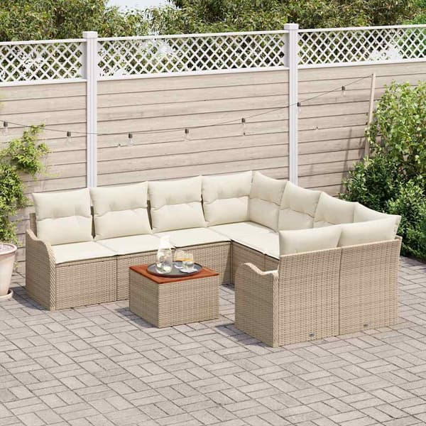 vidaXL Trädgårdsoffset med kudde 9 pcs Beige konstrotting