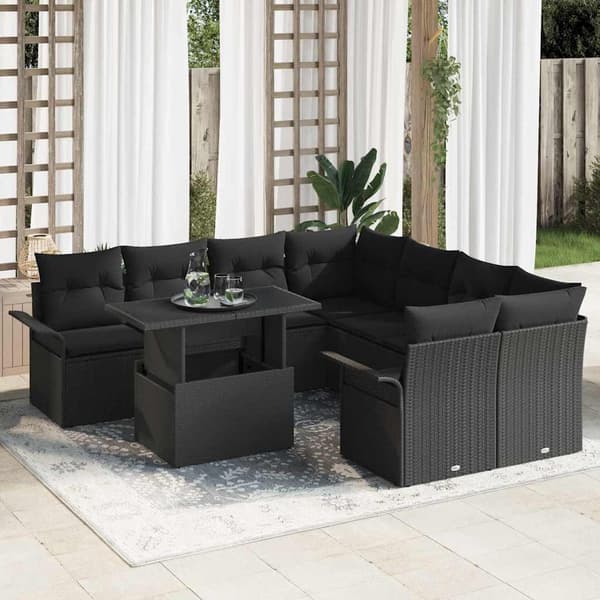 vidaXL Trädgårdsoffset med kudde 9 pcs Svart Poly rattan
