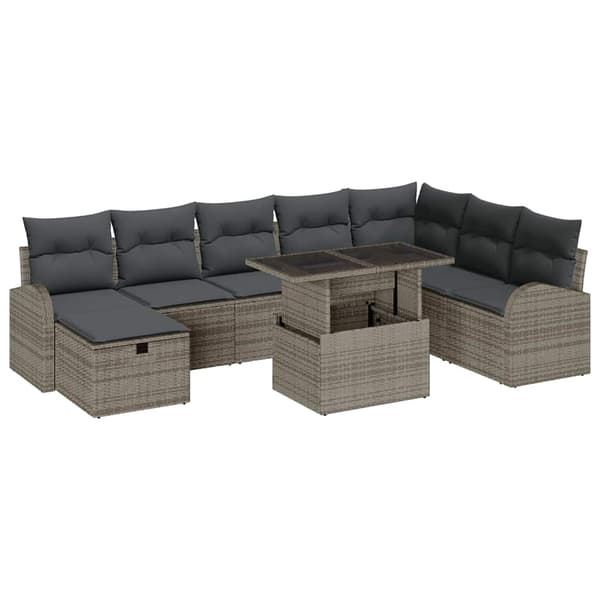 vidaXL Trädgårdsoffset med kudde med lagring 9 pcs Grå Poly rattan