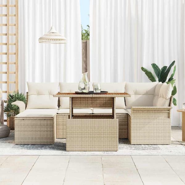 vidaXL Trädgårdsoffset med lagring 7 pcs Beige Poly rattan