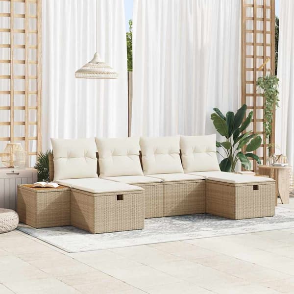 vidaXL Trädgårdsoffset med kudde 6 pcs Beige Poly rattan